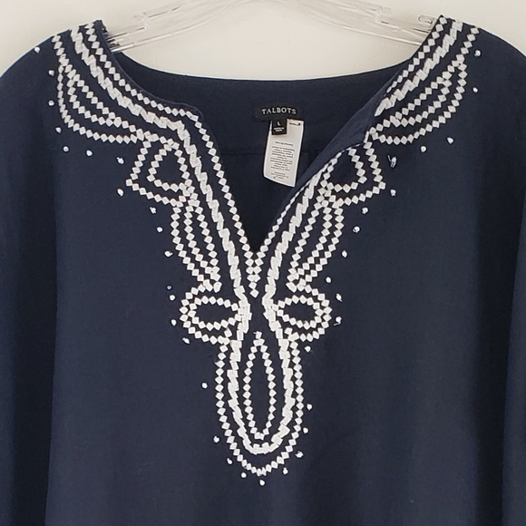 Talbots Navy + White Embroidered Poncho Linen, Size L - Picture 5 of 13
